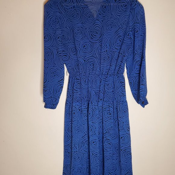 Spiral Jetty Printed Blue & Black Long Sleeve 80s Button-Up Dress - Picture 5 of 8